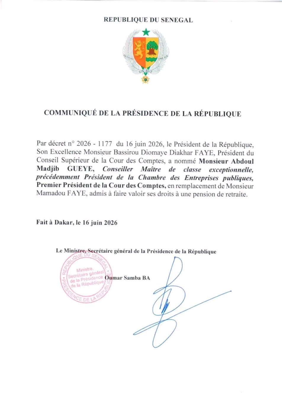 Abdoul Madjib Gueye nommé Premier Président de la Cour des Comptes 1 1781627979676