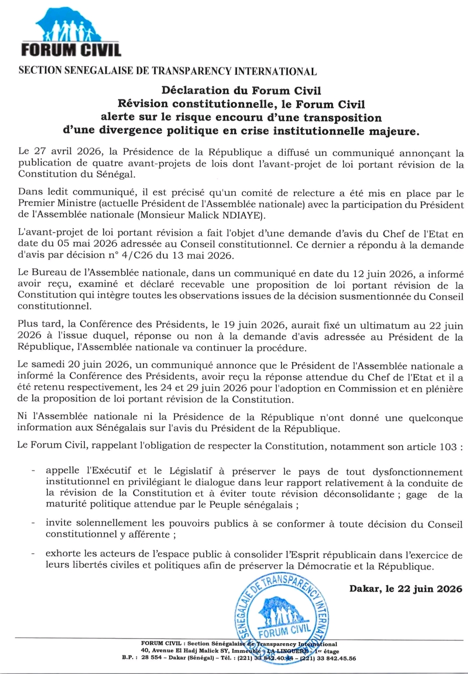 Révision constitutionnelle : le Forum Civil met en garde contre une possible crise institutionnelle 1 1782191812927