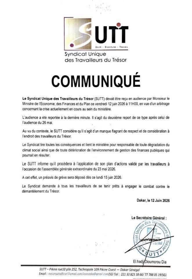 Trésor public : le SUTT déplore un nouveau report d'audience et annonce un préavis de grève 1 722147296 1579181167126010 5840679762331711485 n