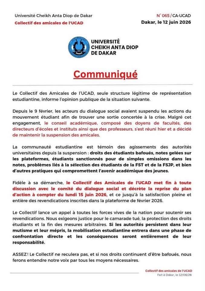 UCAD : Le Collectif des amicales annonce la reprise de la mobilisation dès le 15 juin 1 723190985 1579187563792037 7427818065580846889 n