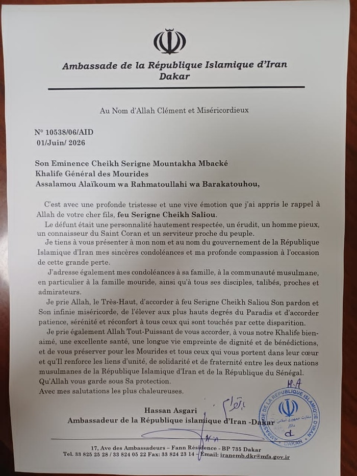 Décès de Serigne Cheikh Saliou : Condoléances de l’Iran au Khalife général des Mourides 1 96806375 67479248