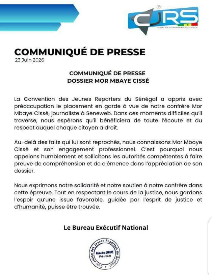 Garde à vue de Mor Mbaye Cissé : les Jeunes Reporters du Sénégal plaident pour le journaliste 1 FB IMG 1782296223584