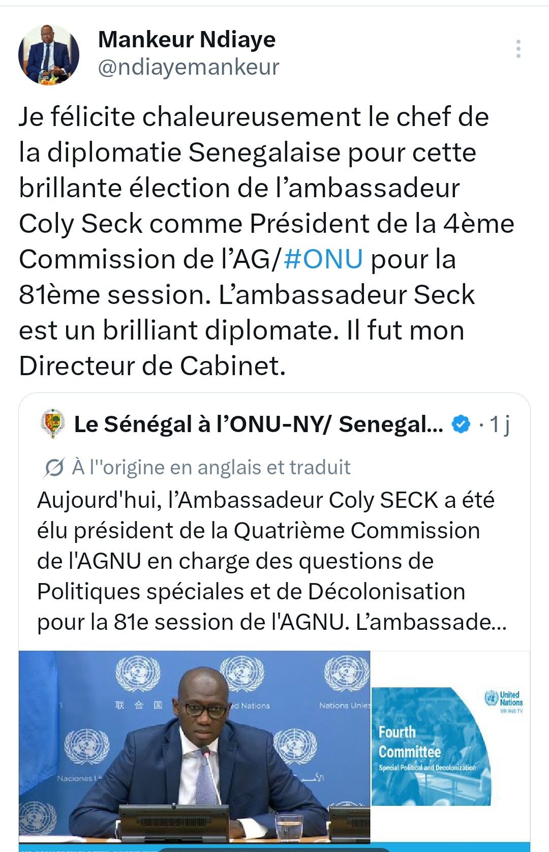 Mankeur Ndiaye salue l’élection de Coly Seck à l’ONU 1 Screenshot 20260603 170001 e1780507922142