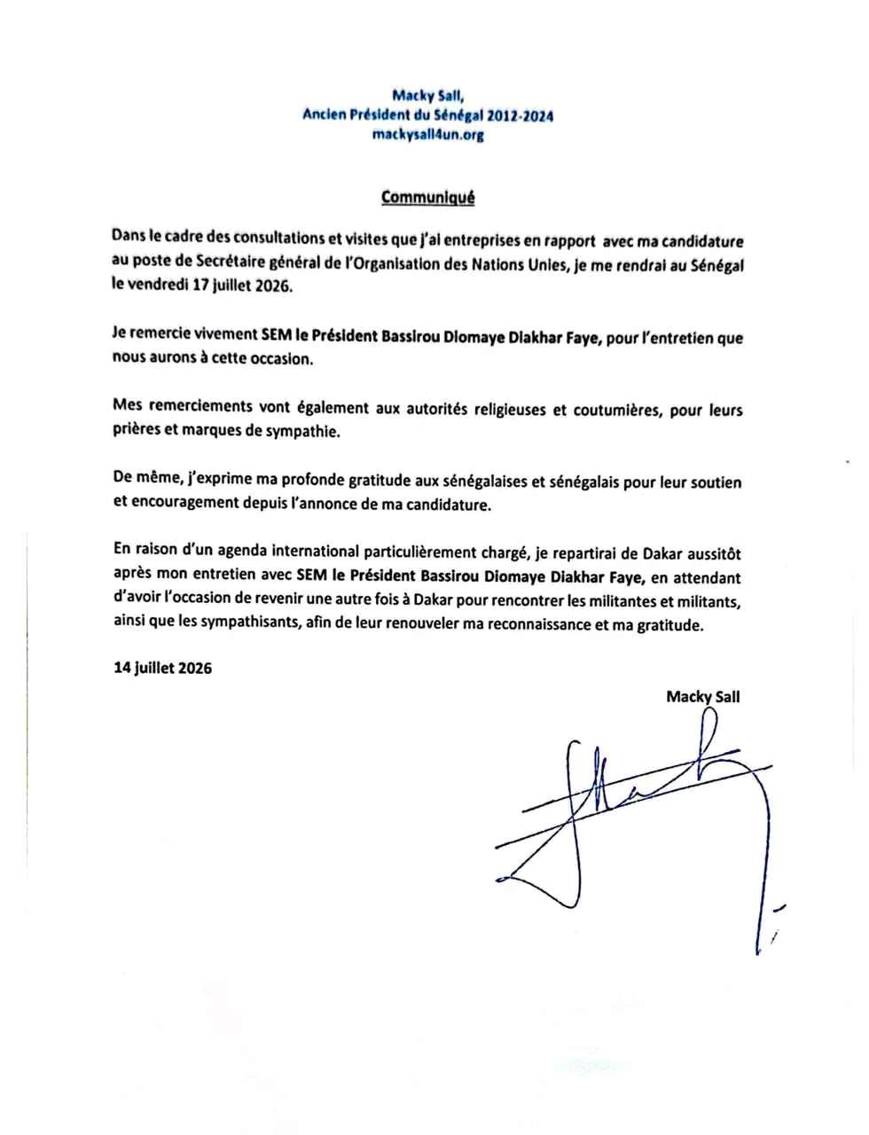Macky Sall confirme sa visite au Sénégal dans le cadre de sa candidature à l’ONU 1 1784023452646