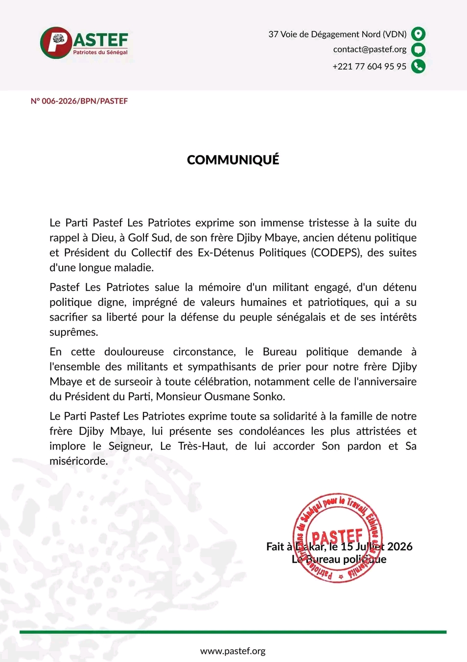 Décès de Djiby Mbaye : Pastef suspend ses célébrations 1 1784128635755