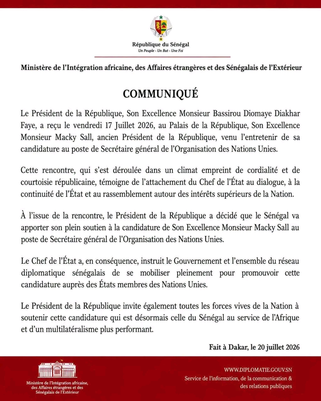 Le Sénégal apporte son soutien officiel à la candidature de Macky Sall à l’ONU 1 1784571807236