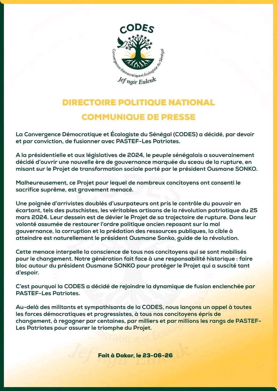 Fusion avec PASTEF : la CODES annonce son ralliement au parti d'Ousmane Sonko 1 1784824893190