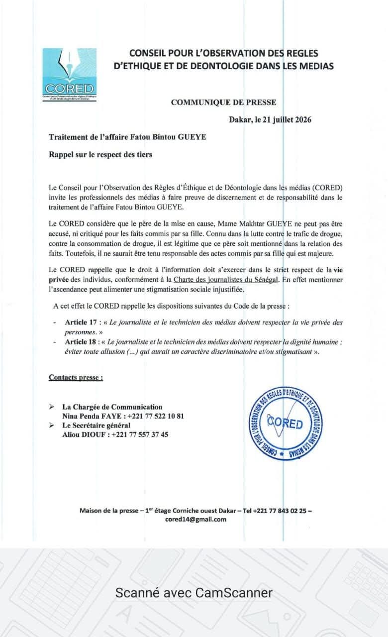 Le CORED appelle les médias au respect de l'éthique dans le traitement de l'affaire Fatou Bintou Gueye 1 FB IMG 1784739361308