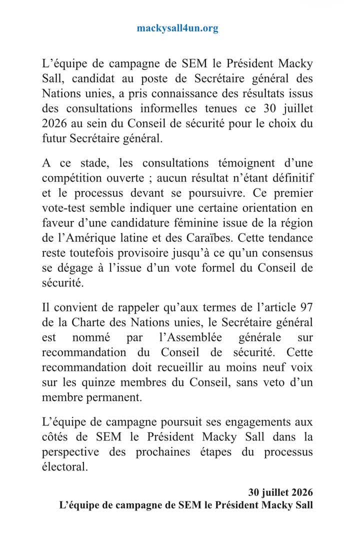 ONU : L'équipe de campagne de Macky appelle à la prudence après le premier vote-test 1 FB IMG 1785442250799