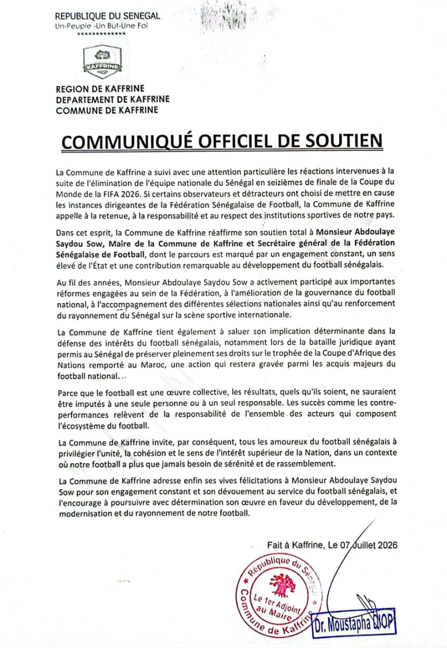 Élimination des Lions : la Commune de Kaffrine affiche son soutien à Abdoulaye Saydou Sow 1 IMG 20260708 WA0020