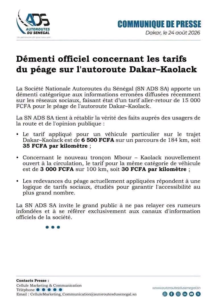 Autoroute Dakar-Kaolack : La SN ADS dément un tarif de péage de 15 000 FCFA 1 1787621365368