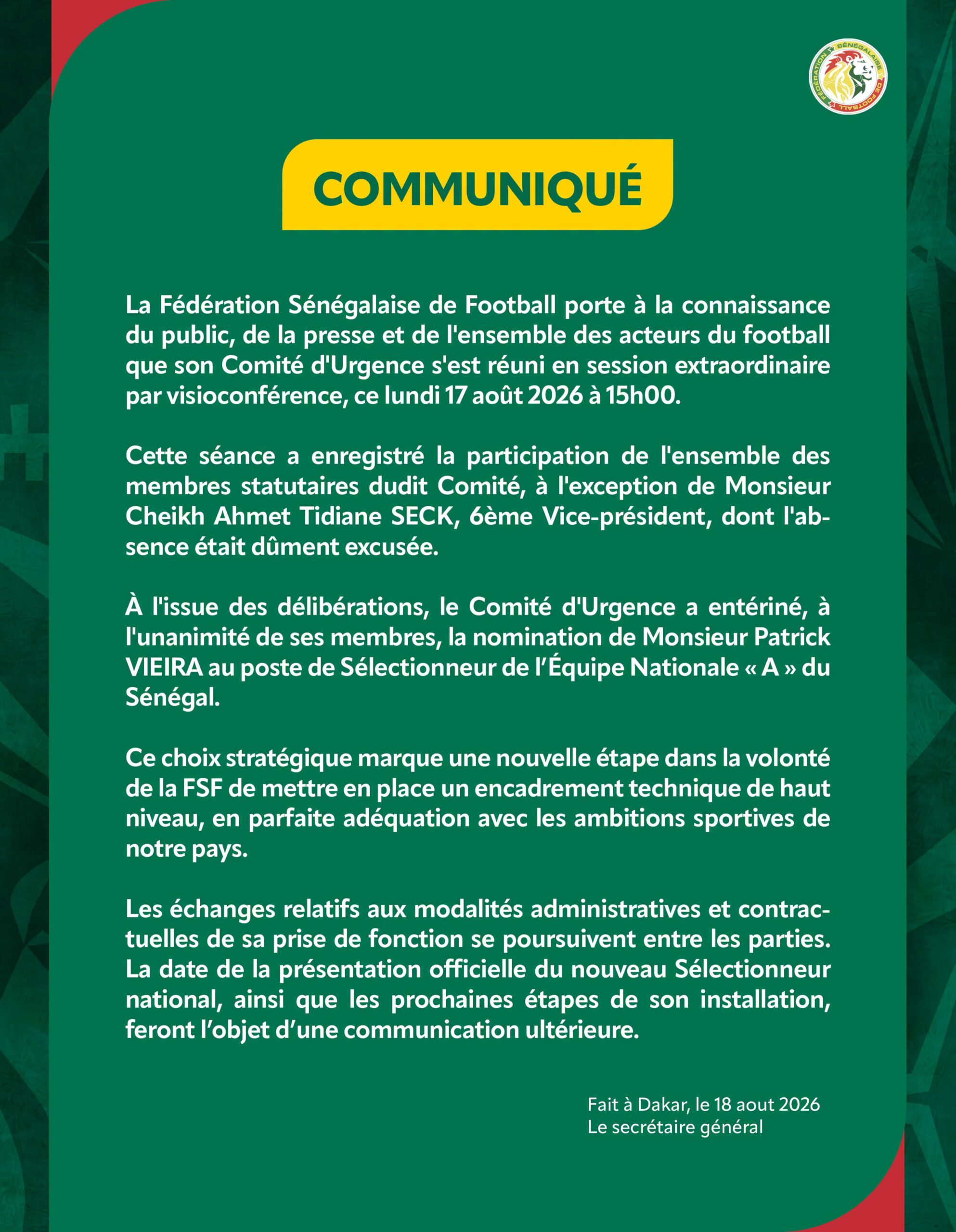 Patrick Vieira nommé sélectionneur de l’équipe nationale du Sénégal 1 FB IMG 1787070071381 scaled