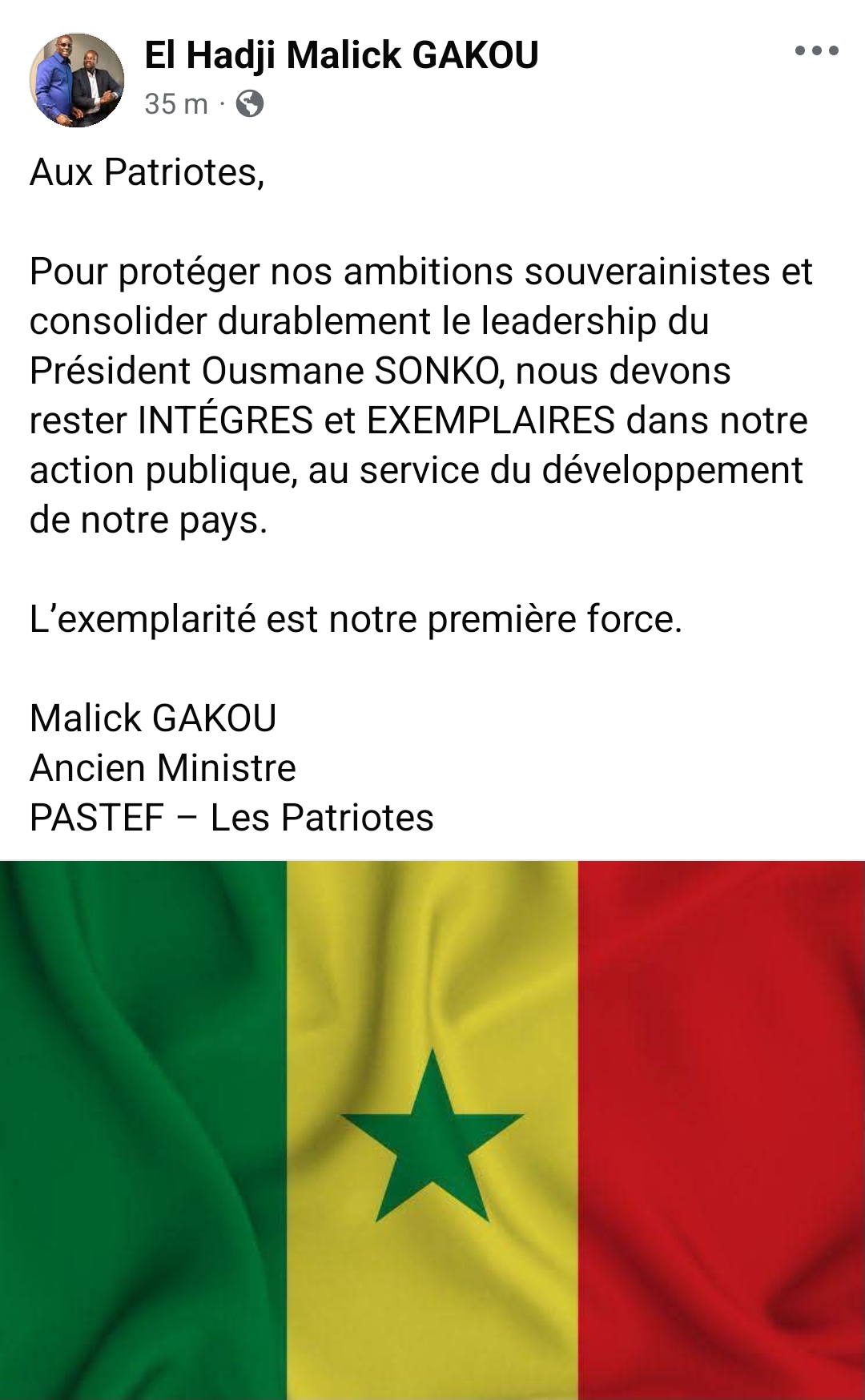 Malick Gakou appelle les Patriotes à « rester intègres et exemplaires » 1 Screenshot 20260803 152718