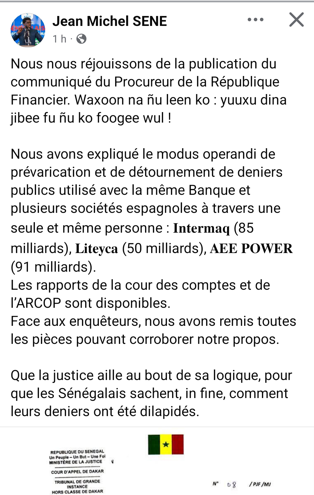 Affaire ASER-AEE Power : Jean Michel Sène salue l’ouverture de l’information judiciaire 1 Screenshot 20260817 170730