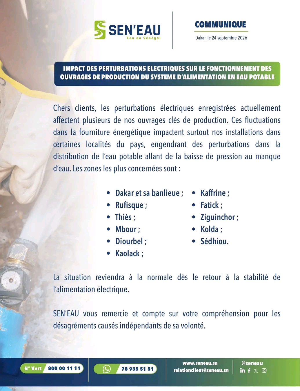 SEN’EAU annonce des perturbations dans la distribution d’eau potable 1 1790265529448