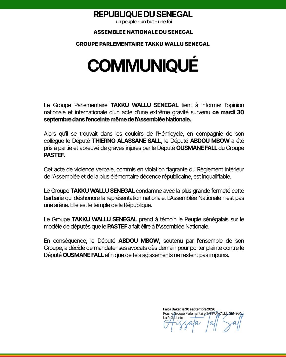 Assemblée : Takku Wallu dénonce des insultes visant Abdou Mbow et annonce une plainte 1 825351497 1566154498862187 1045917146708751801 n
